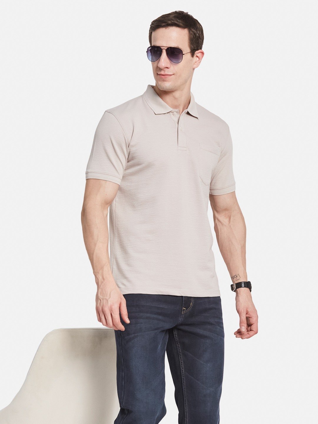 SOLID POLO NECK FRONT OPEN POCKET SEER SUCKER T-SHIRT