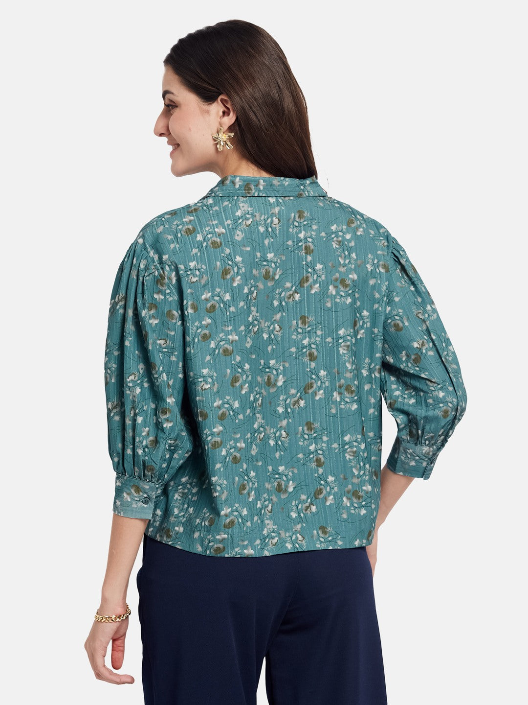 METTLE Women Floral Printed Shirt Collar Cotton Top