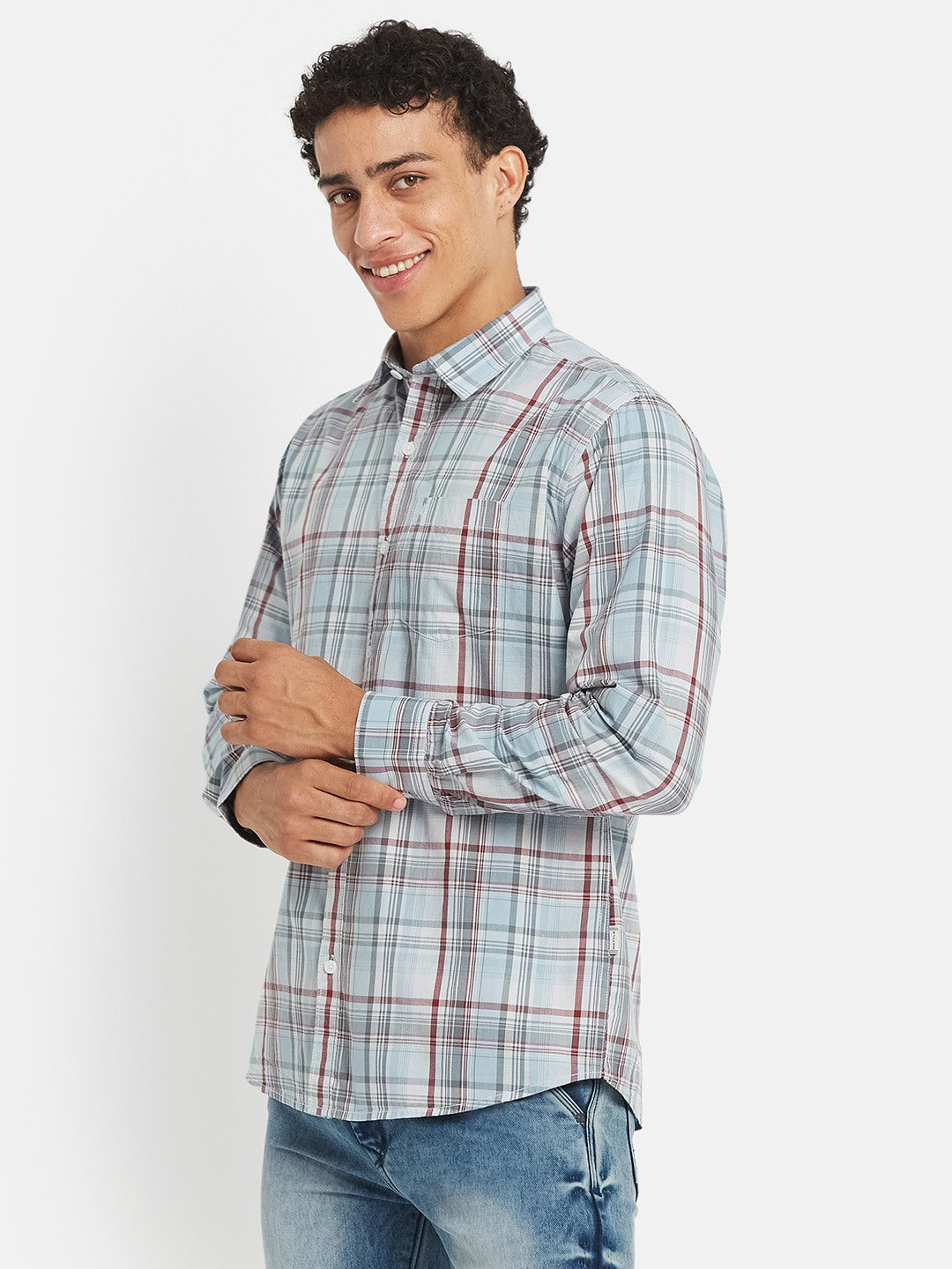 METTLE SS25 Checked Cotton Spread Collar Casual Shirt