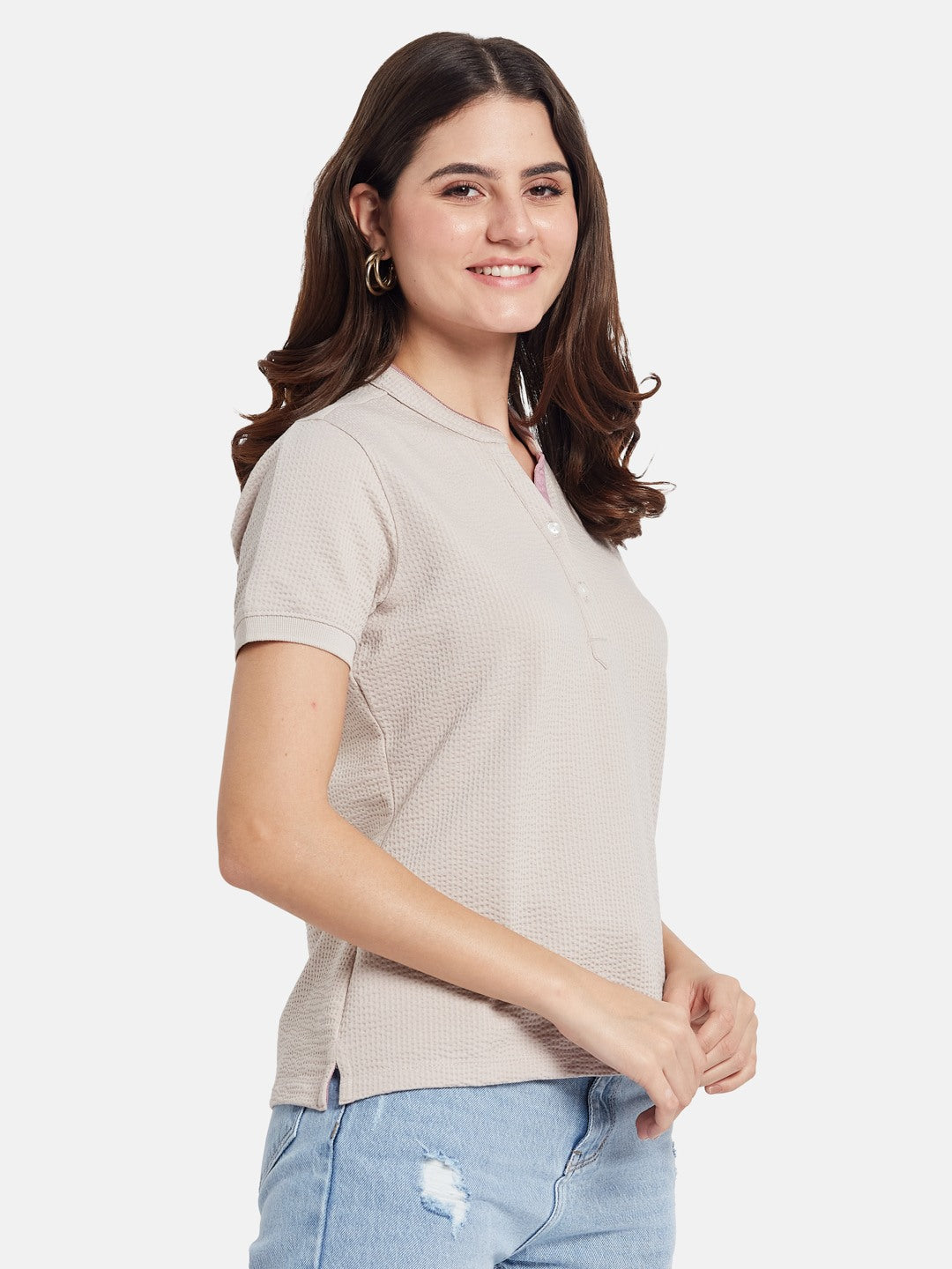 METTLE Self Design Mandarin Collar Cotton T-shirt