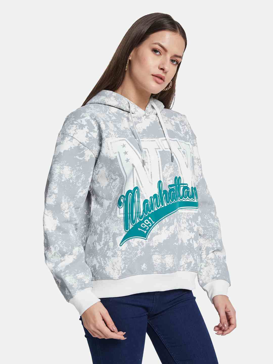 METTLE Women Printed Hooded Sweatshirt