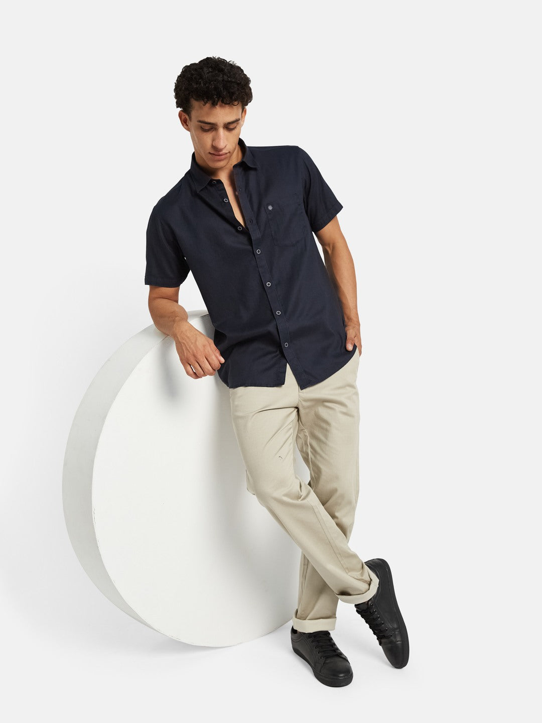 METTLE Spread Collar Cotton Short Sleeves Cotton Casual Shirt