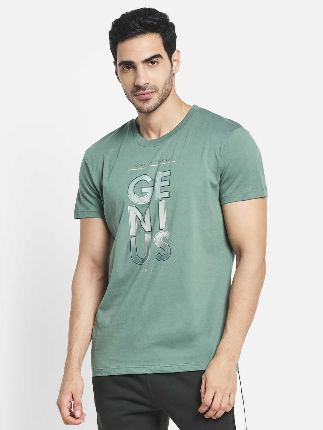 Octave Men Olive Green Typography Printed Raw Edge T-Shirt
