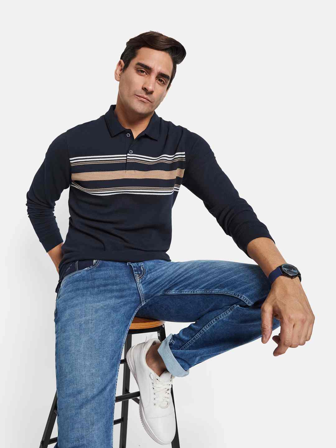 METTLE Men Striped Polo Collar T-shirt