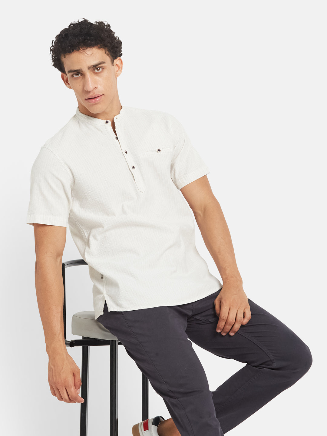 METTLE Striped Short Sleeves Mandarin Collar Cotton Opaque Regular Fit Casual Shirt