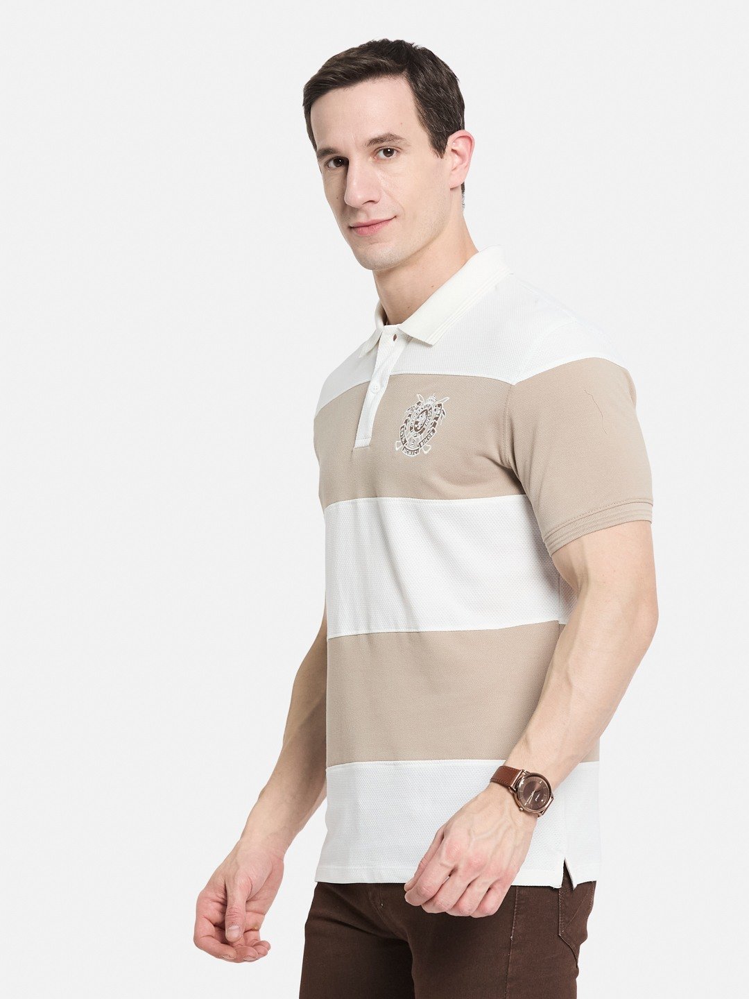 COLOUR BLOCKED CUTN SEW STRIPE EMBROIDED APPLIQUE T-SHIRT