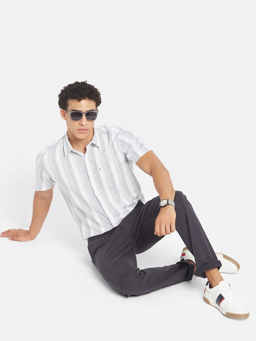 METTLE Men Vertical Striped Spread Collar Cotton Casual Shirt