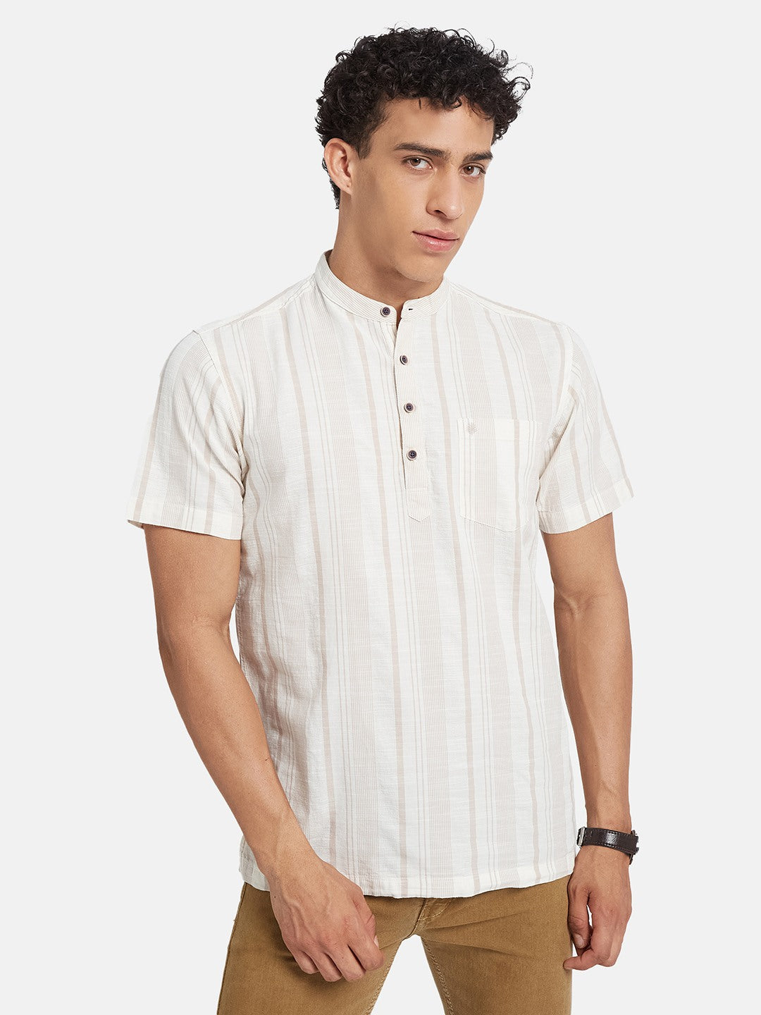 METTLE Striped Mandarin Collar Casual Cotton Shirt
