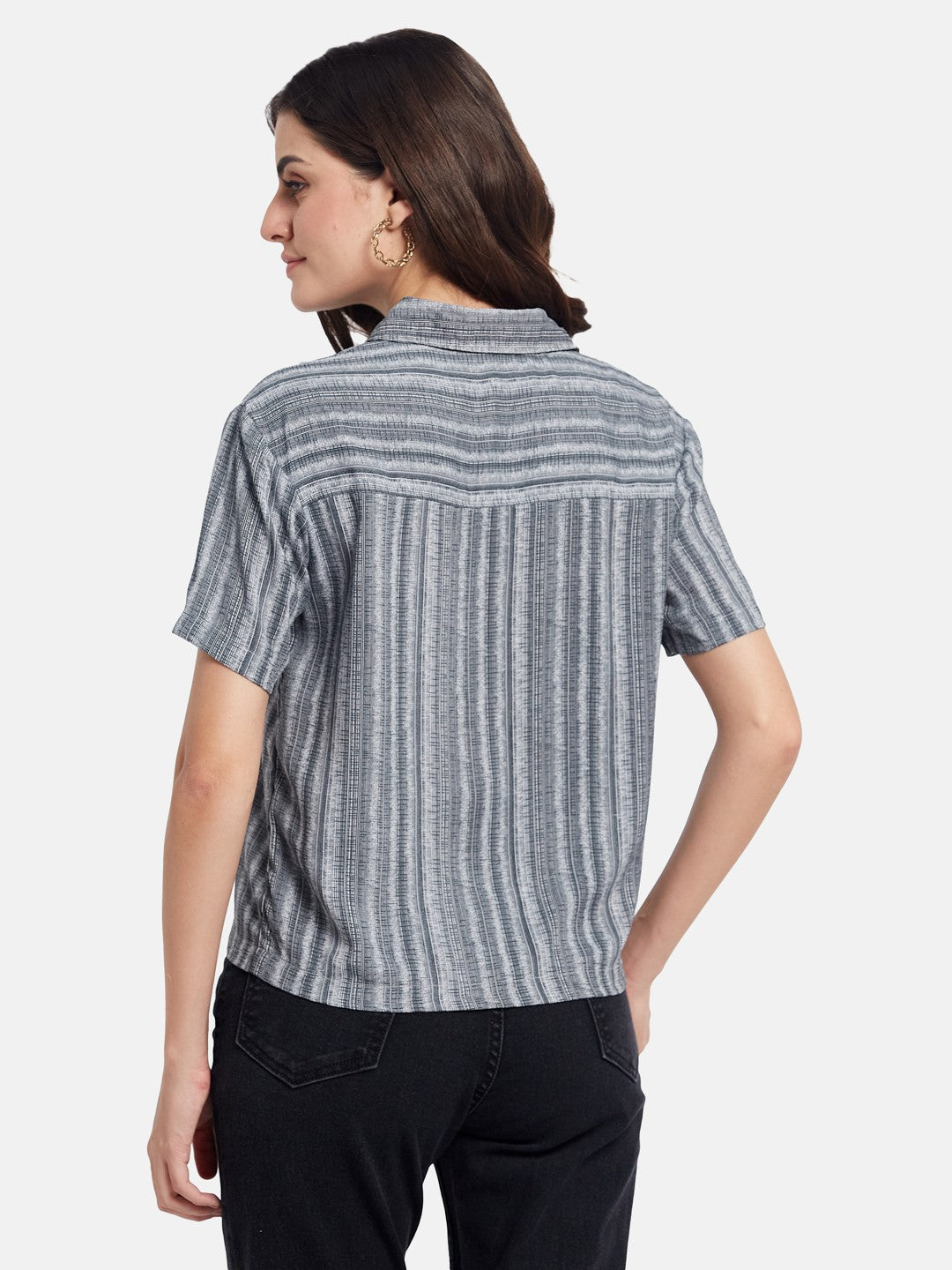 METTLE Women Textured Spread Collar Cotton Casual Shirt