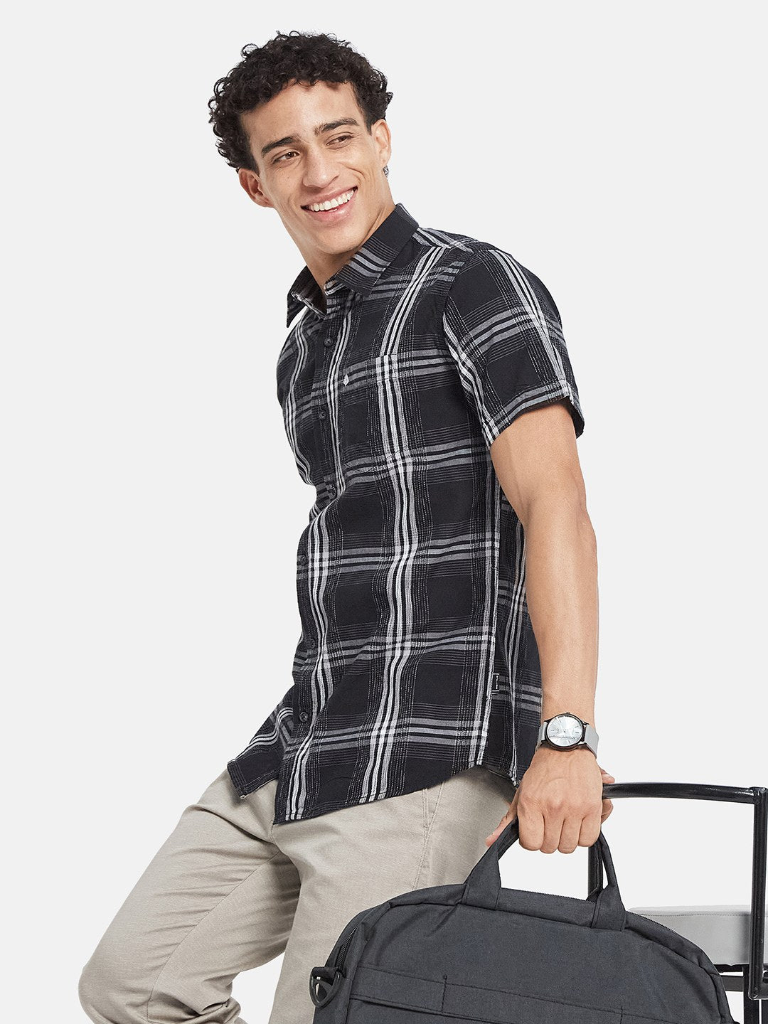 METTLE SS25 Checked Spread Collar Cotton Casual Shirt