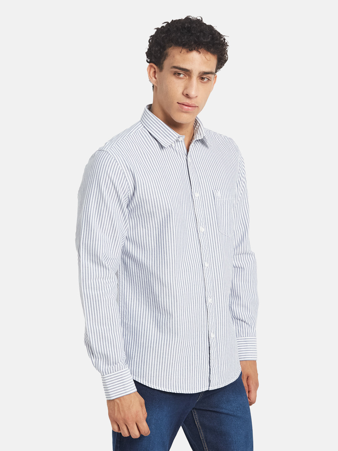 METTLE Men Vertical Striped Button-Down Collar Cotton Casual Shirt
