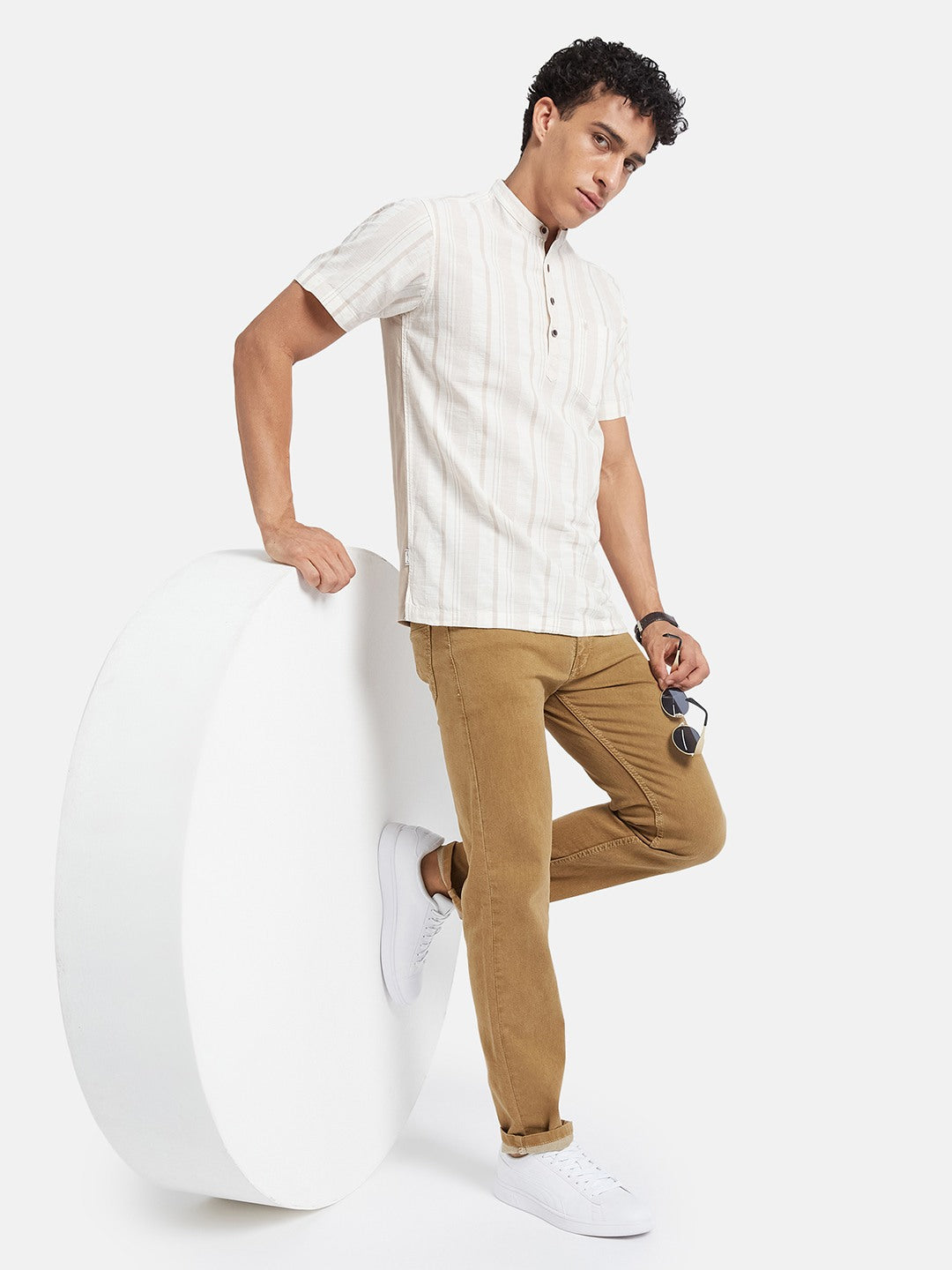 METTLE Striped Mandarin Collar Casual Cotton Shirt