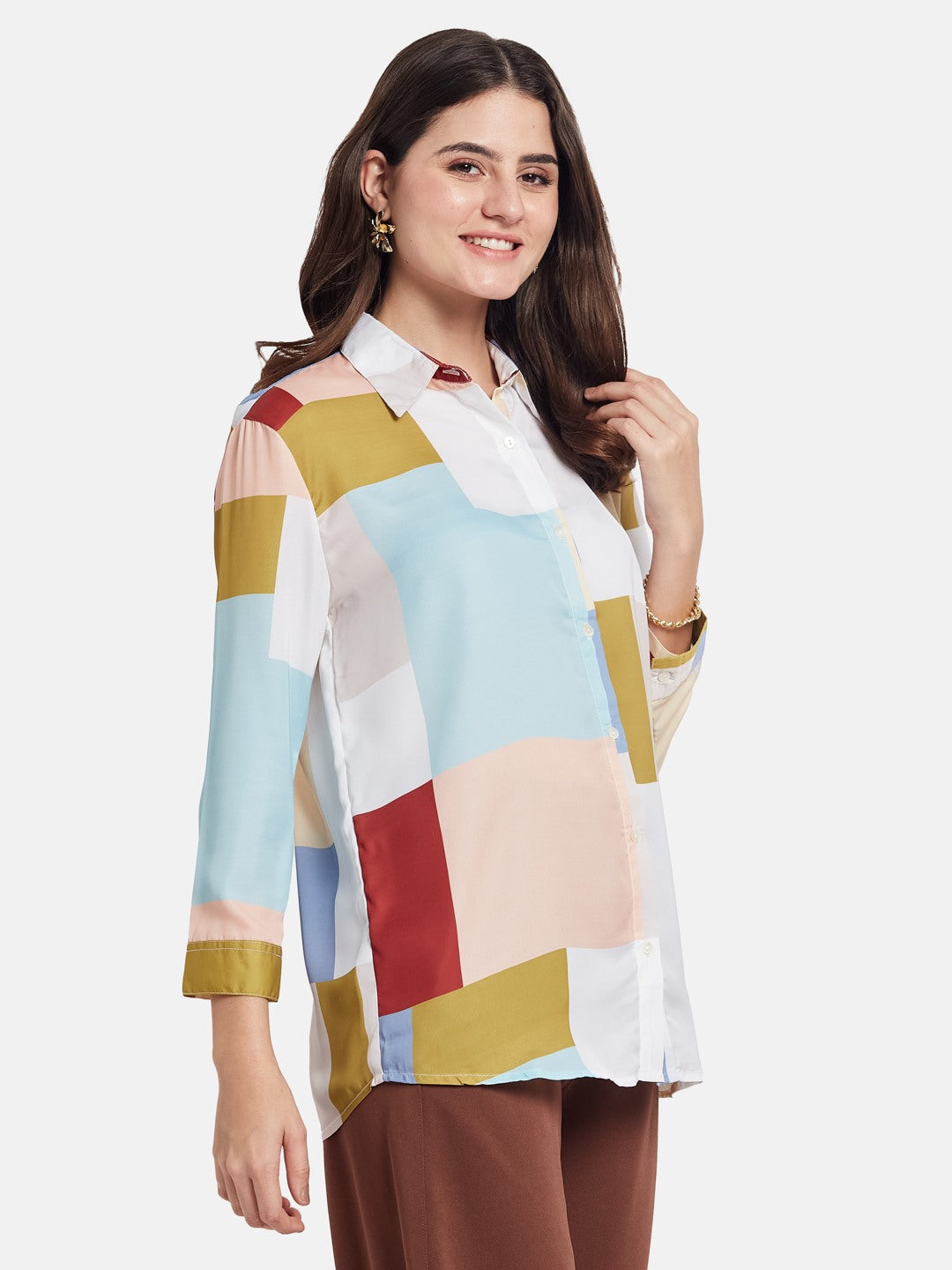 METTLE Women Colourblocked Cotton Shirt Style Top
