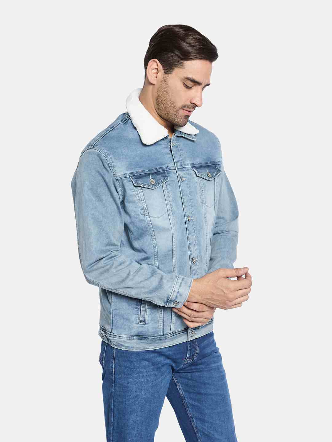 METTLE Men Spread Collar Washed Solid Cotton Casual Denim Jacket