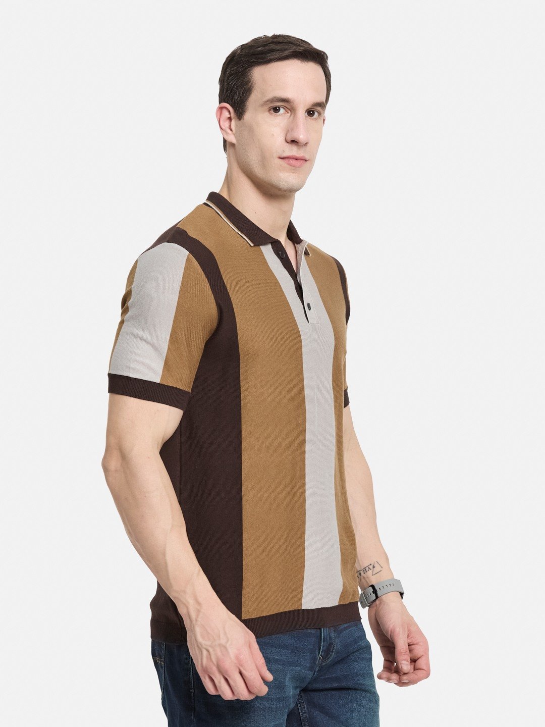 METTLE Men Colourblocked Polo Collar Cotton T-shirt