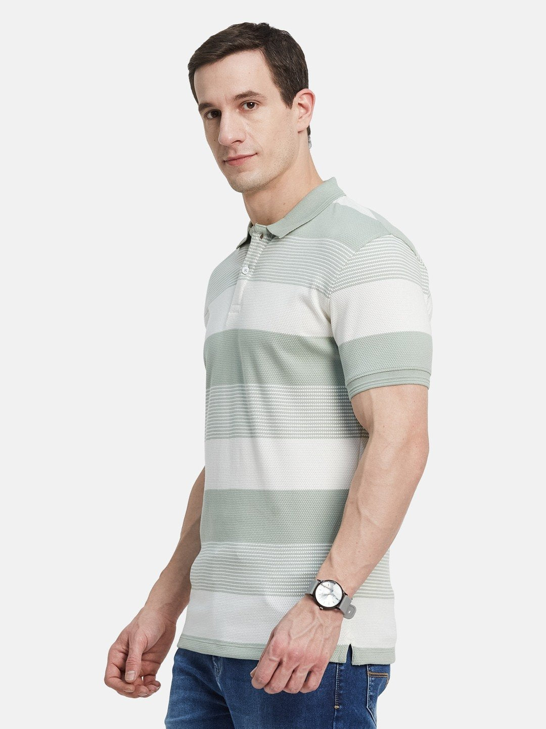 HORIZONTAL STRIPE POLO NECK POPCORN KNIT T-SHIRT