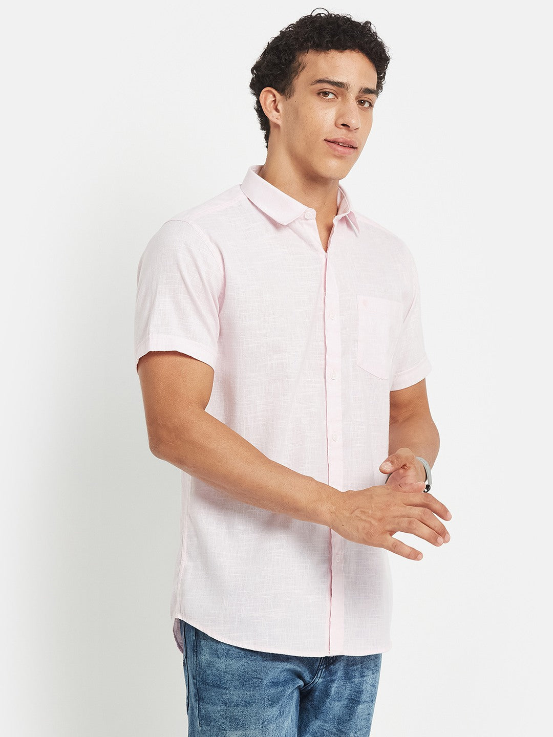 METTLE Men Solid Spread Collar Cotton Casual Shirt