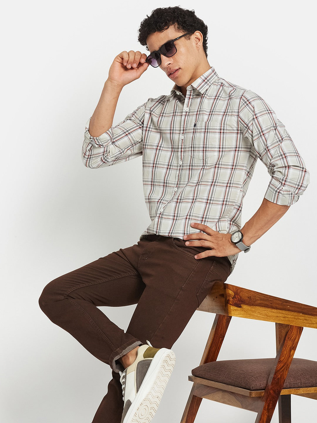 METTLE SS25 Checked Cotton Spread Collar Casual Shirt