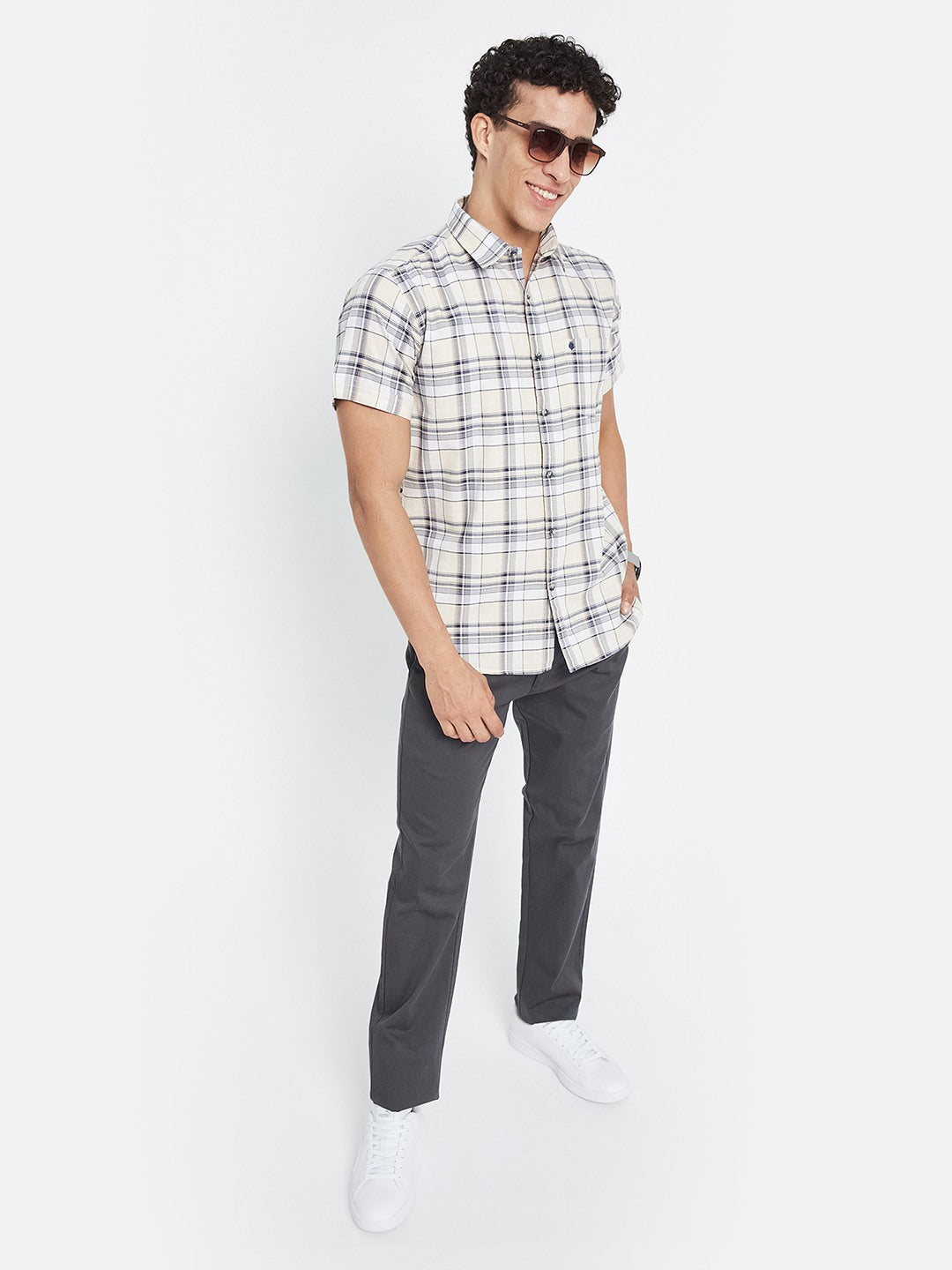 METTLE Checked Short Sleeves Spread Collar Cotton Opaque Regular Fit Casual Shirt