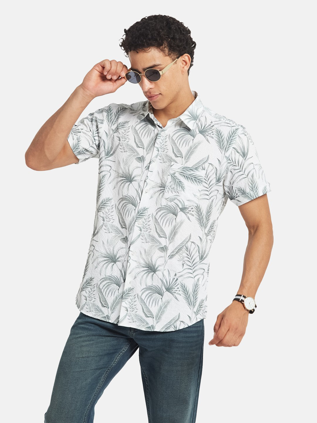 METTLE Floral Printed Short Sleeves Spread Collar Cotton Opaque Regular Fit Casual Shirt