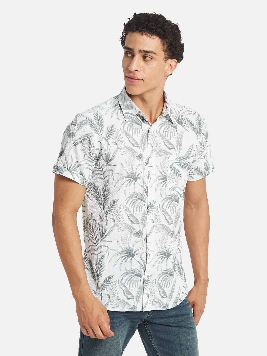 METTLE Floral Printed Short Sleeves Spread Collar Cotton Opaque Regular Fit Casual Shirt