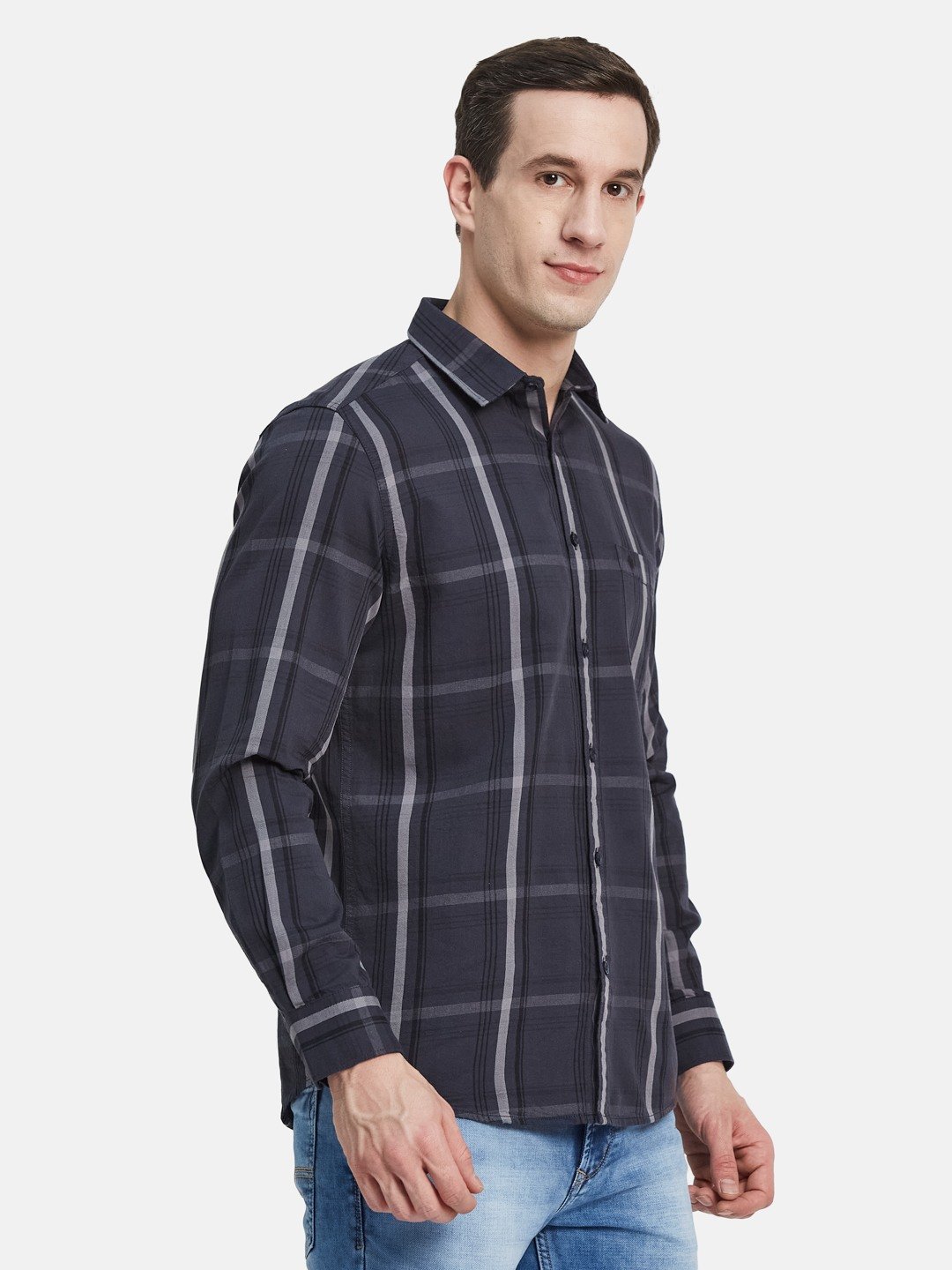 METTLE Men Spread Collar Buffalo Checked Cotton Casual Shirt