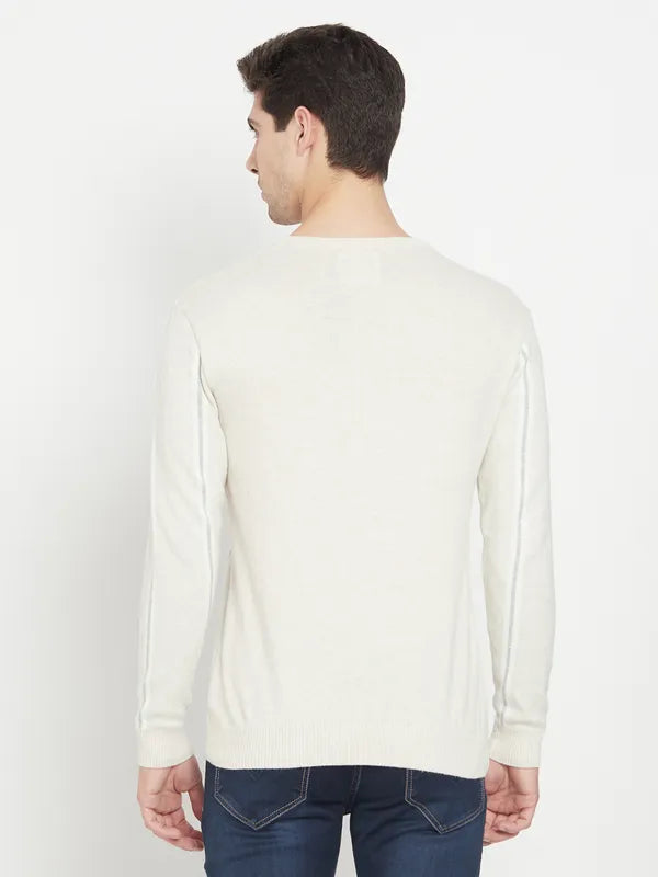 Cream-Coloured Striped Cotton Full Sleeve Pullover Sweater