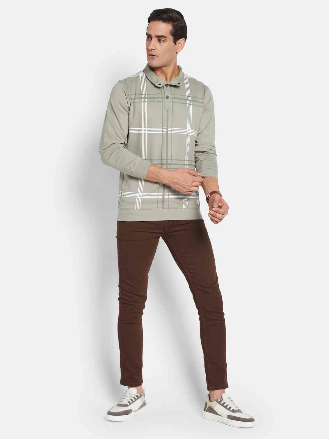 Octave Men Checked Shirt Collar Sweatshirt