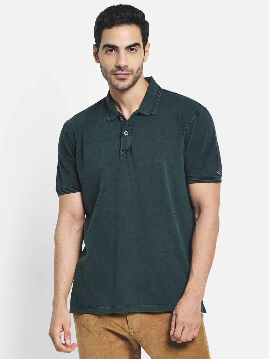 Octave Men Green Checked Polo Collar T-Shirt
