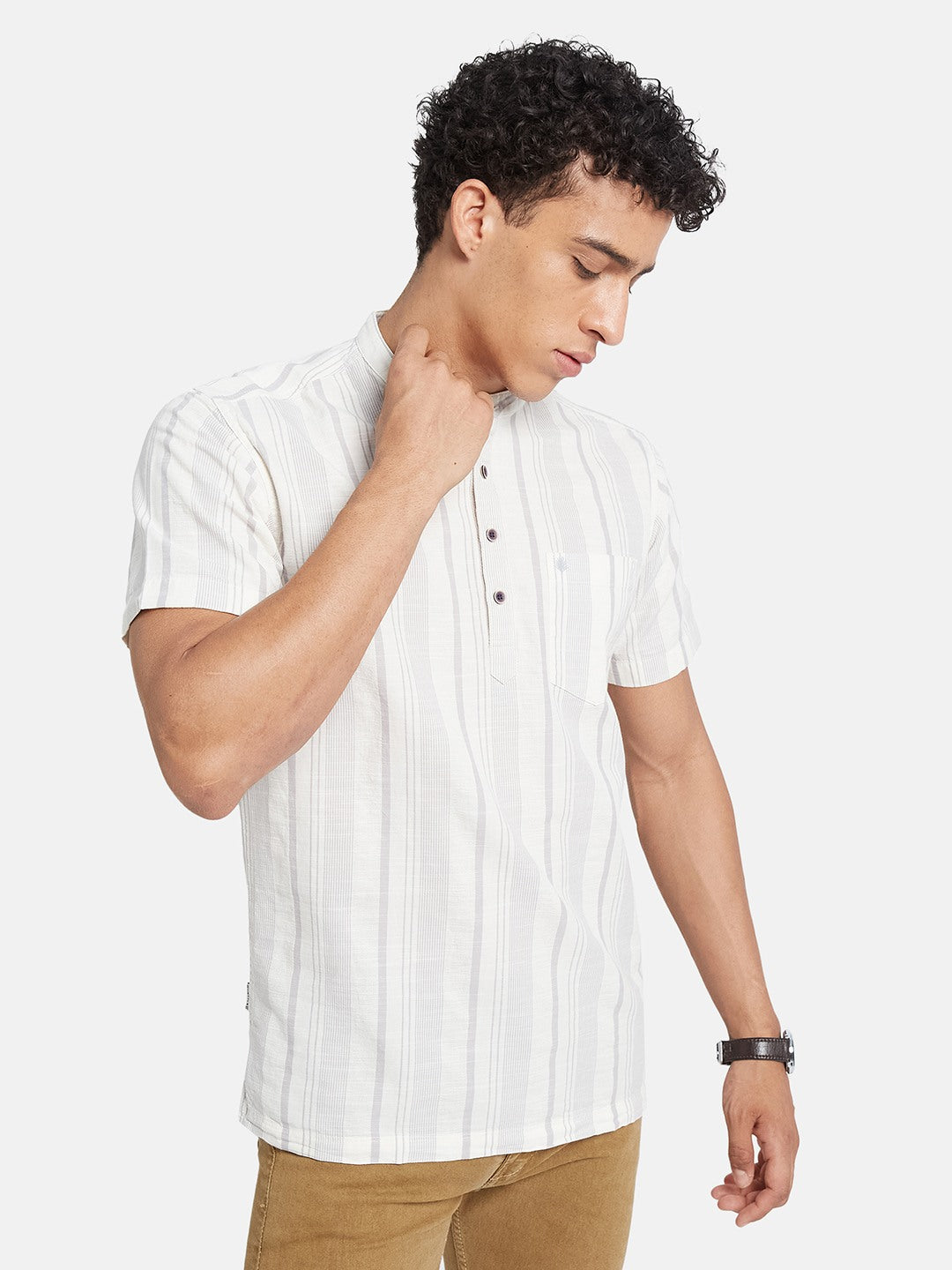 METTLE Striped Mandarin Collar Cotton Casual Shirt