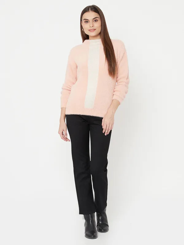 Pink White Colourblocked Fur Full Sleeve Pullover Sweater