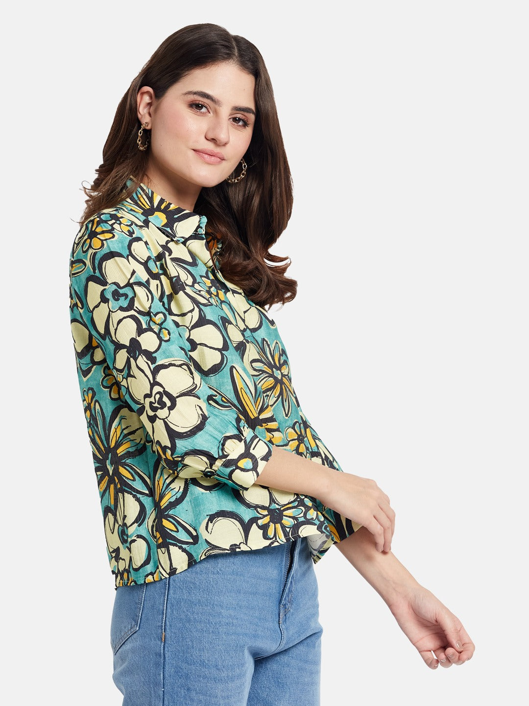 METTLE Women Floral Printed V-Neck Cotton Top