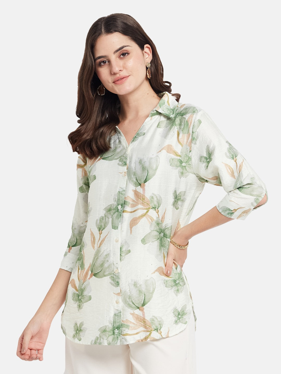 METTLE Women Floral Print Cotton Shirt Collar Shirt Style Top