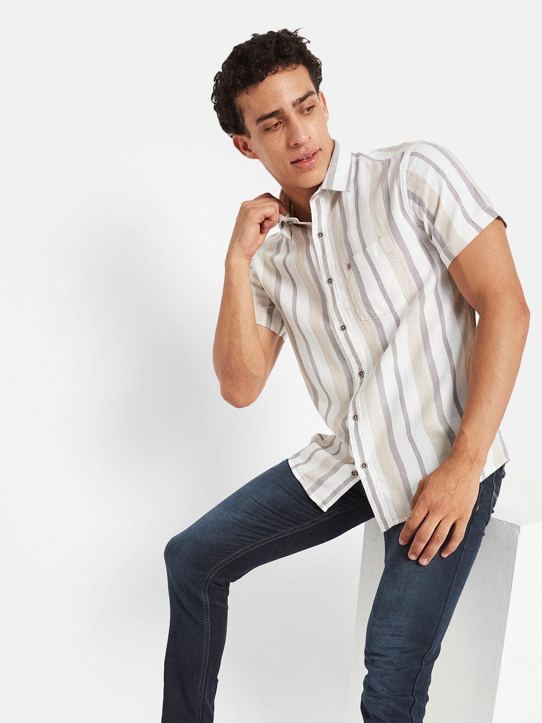 METTLE Striped Short Sleeves Spread Collar Cotton Opaque Regular Fit Casual Shirt