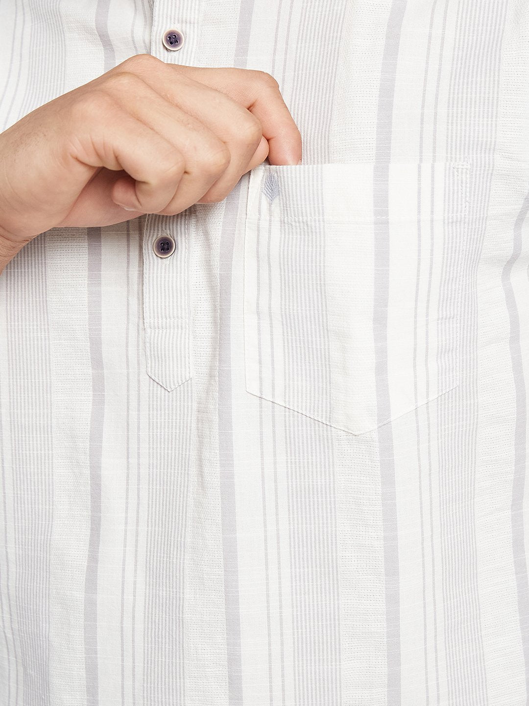 METTLE Striped Mandarin Collar Cotton Casual Shirt