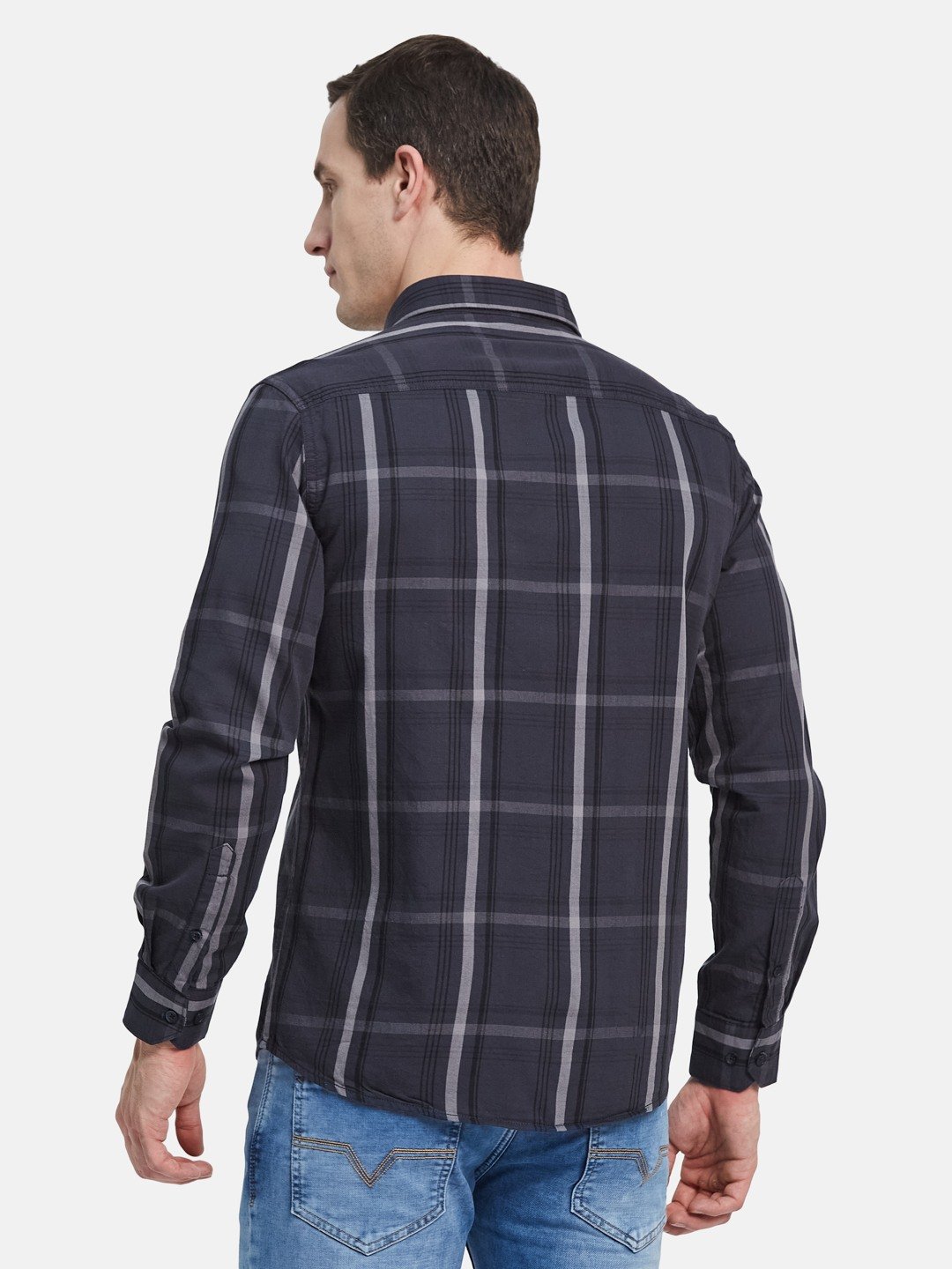 METTLE Men Spread Collar Buffalo Checked Cotton Casual Shirt