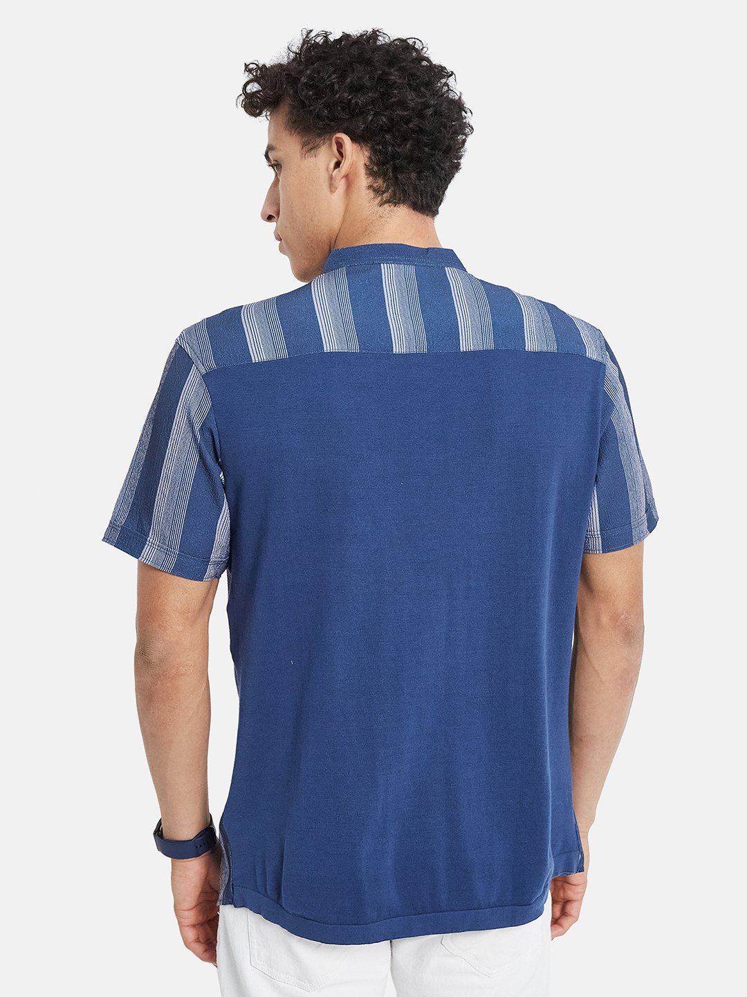 METTLE Men Striped Mandarin Collar Cotton T-shirt