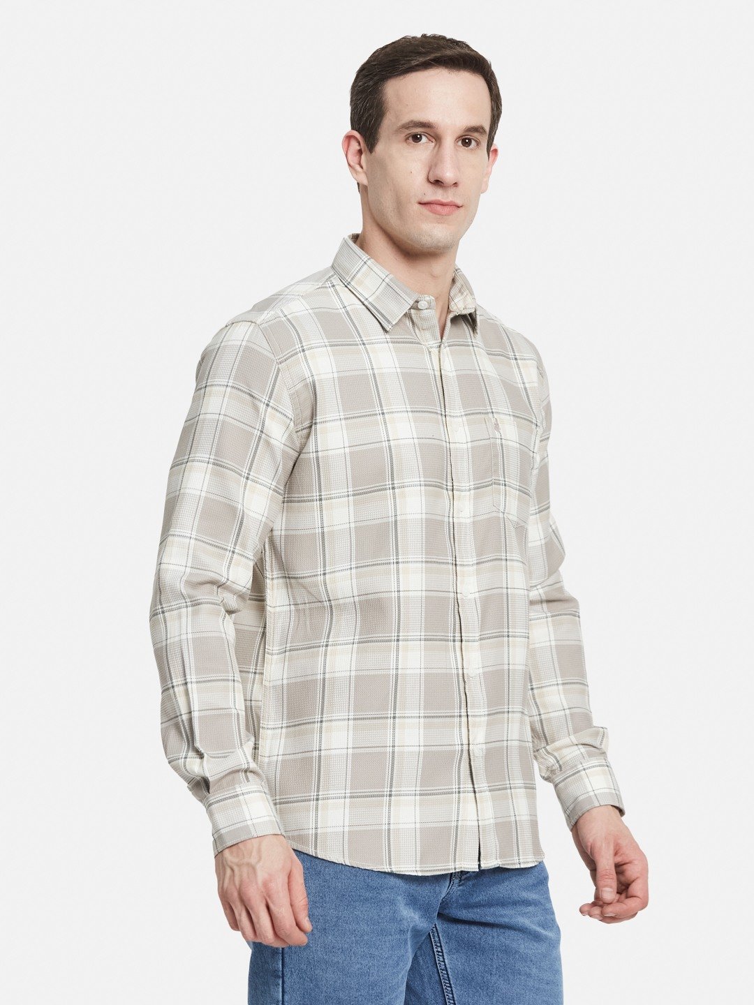 METTLE Men Spread Collar Tartan Checked Cotton Casual Shirt