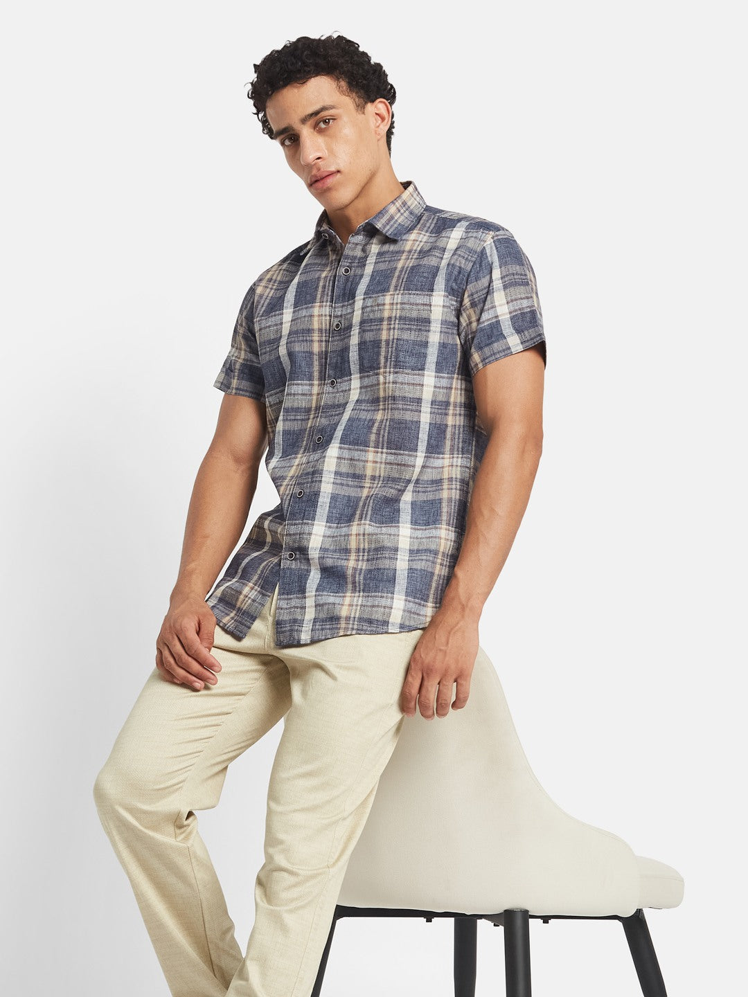 METTLE SS25 Checked Spread Collar Cotton Casual Shirt