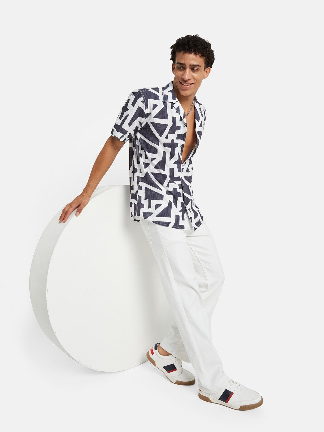 METTLE Abstract Printed Spread Collar Cotton Shirt