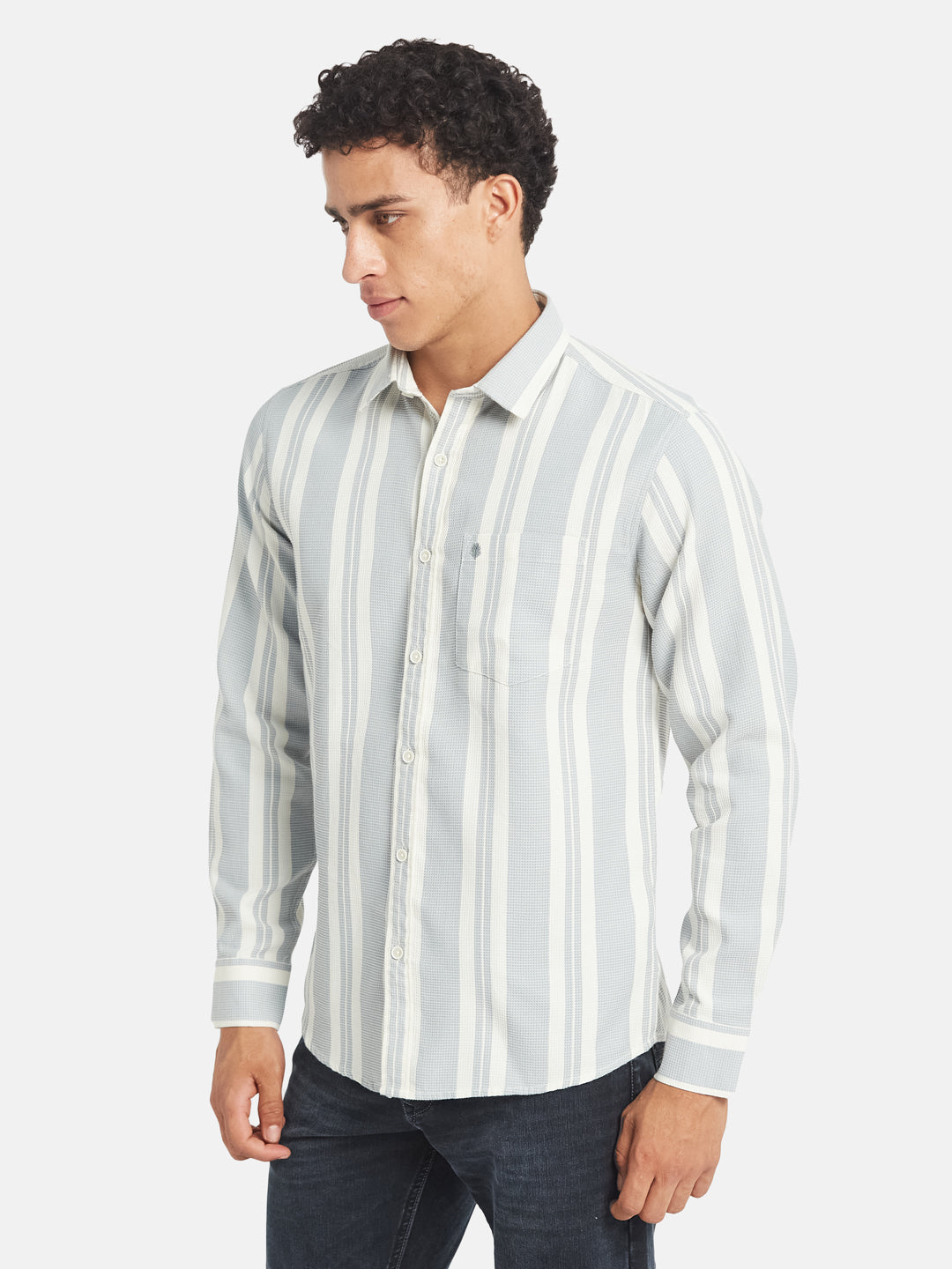METTLE SS25 Stripped Printed Spread Collar Cotton Shirt