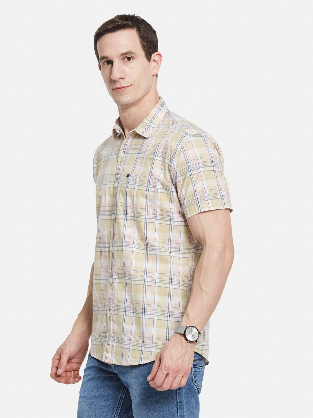 METTLE Men Spread Collar Checked Cotton Casual Shirt