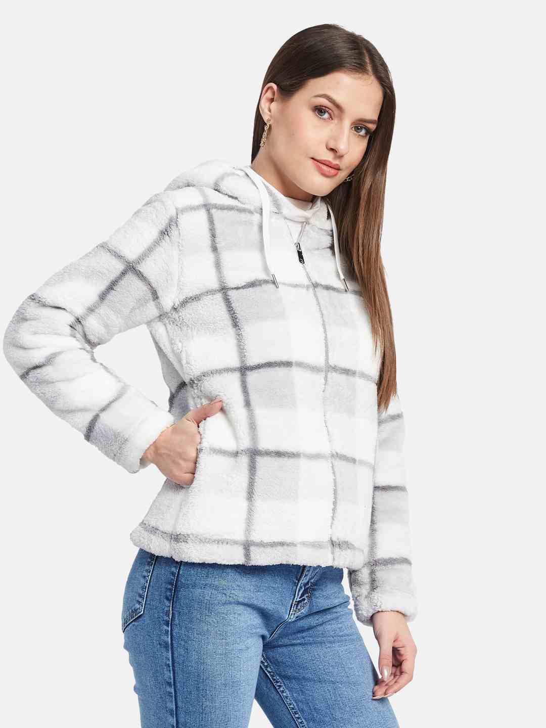 METTLE Women Checked Hooded Sweatshirt