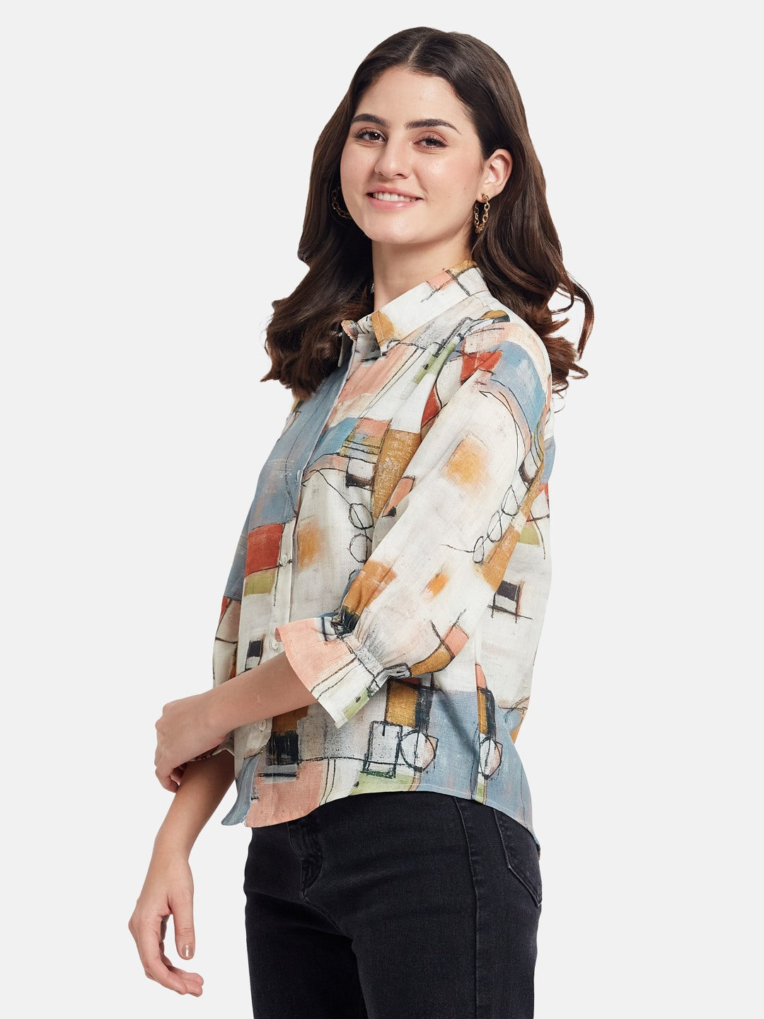 METTLE Women Abstract Printed Spread Collar Cotton Casual Shirt