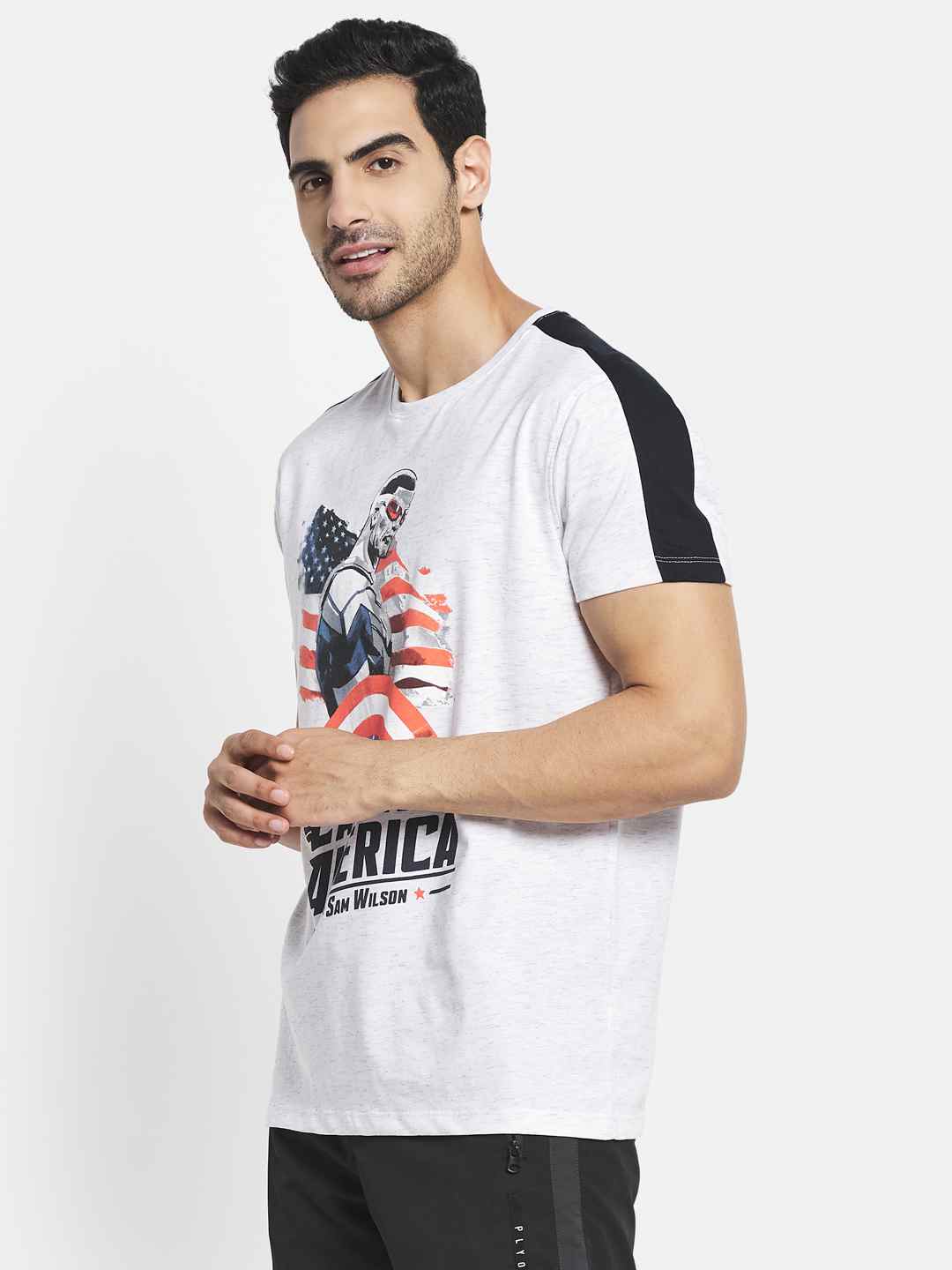Octave Men White Typography Captain America Printed Applique T-Shirt