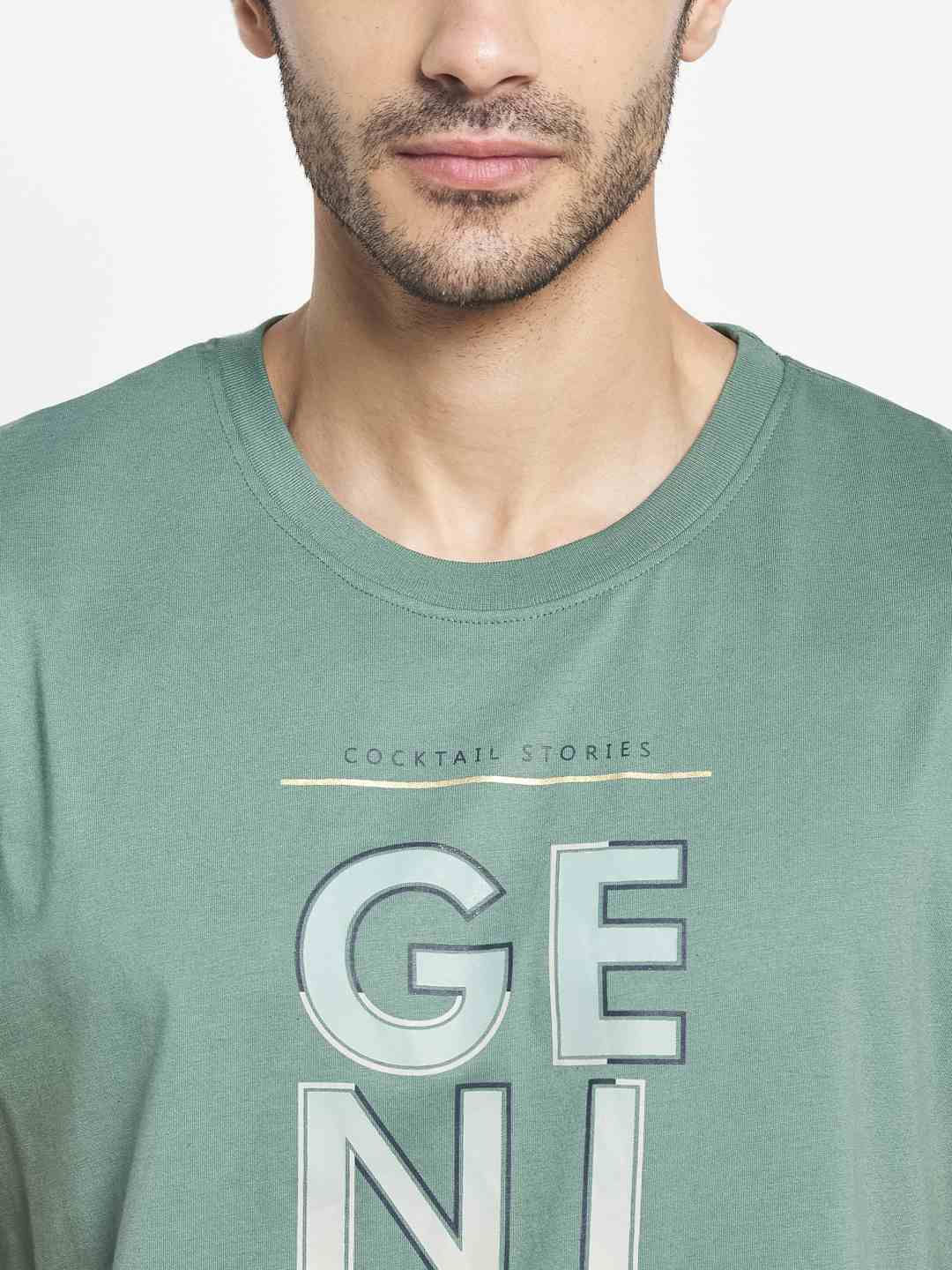 Octave Men Olive Green Typography Printed Raw Edge T-Shirt