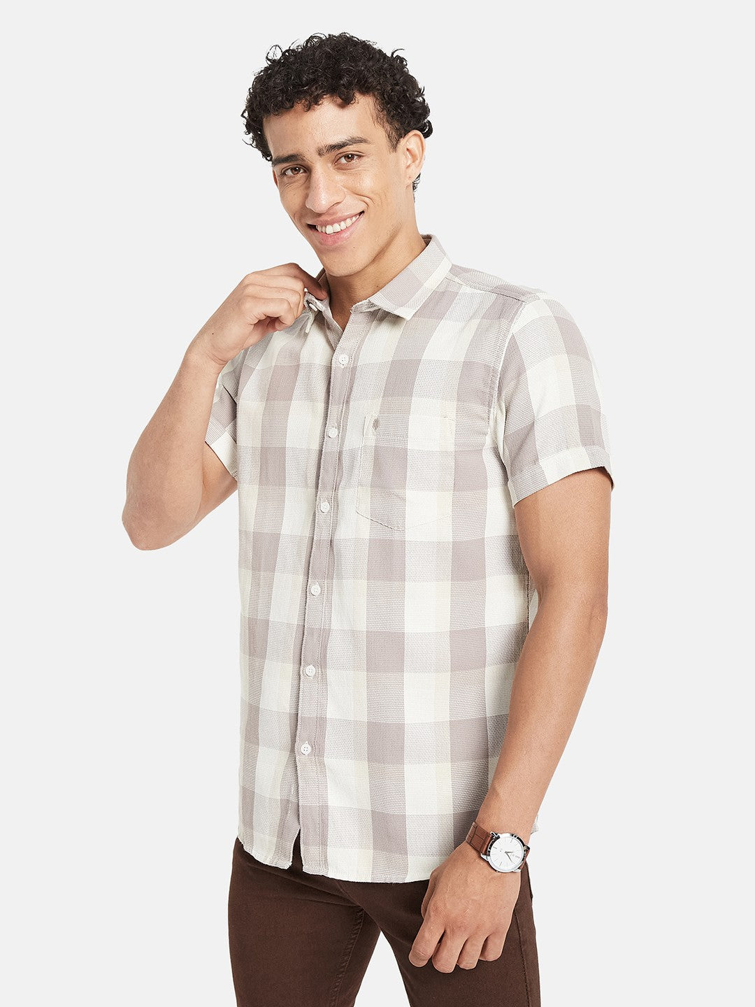 METTLE Men Checked Spread Collar Cotton Casual Shirt