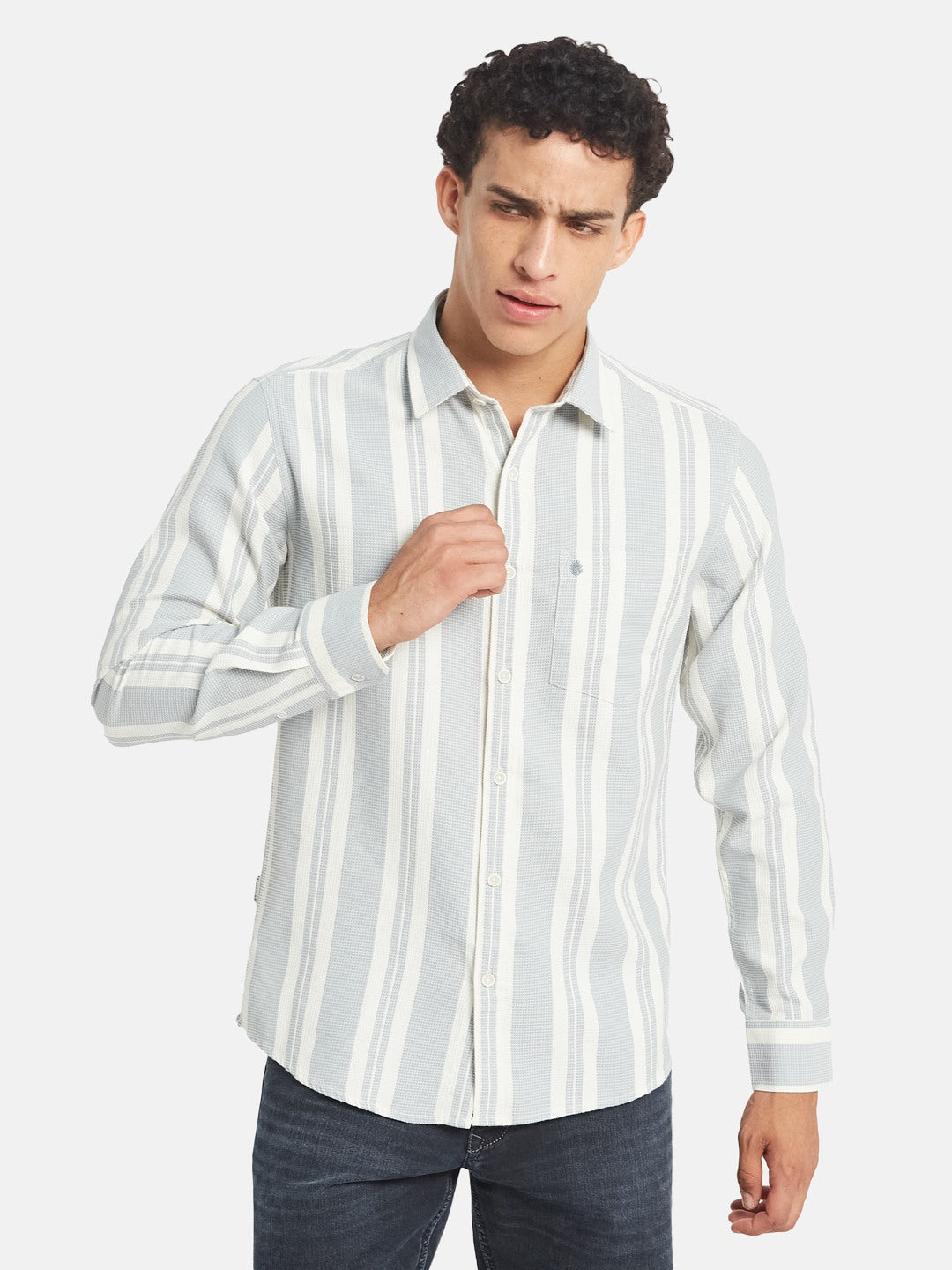 METTLE SS25 Stripped Printed Spread Collar Cotton Shirt