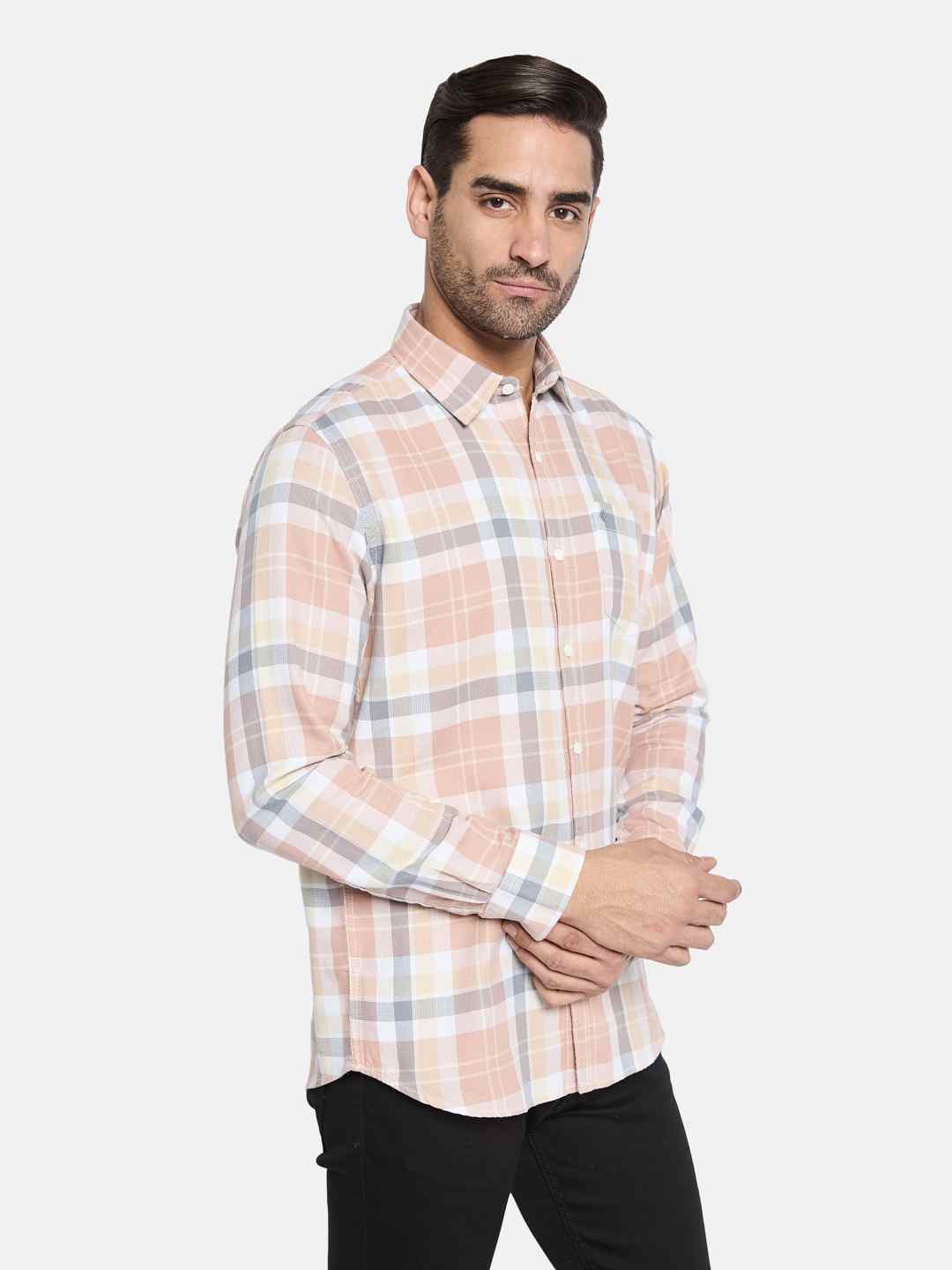 METTLE Men Spread Collar Tartan Checked Cotton Casual Shirt