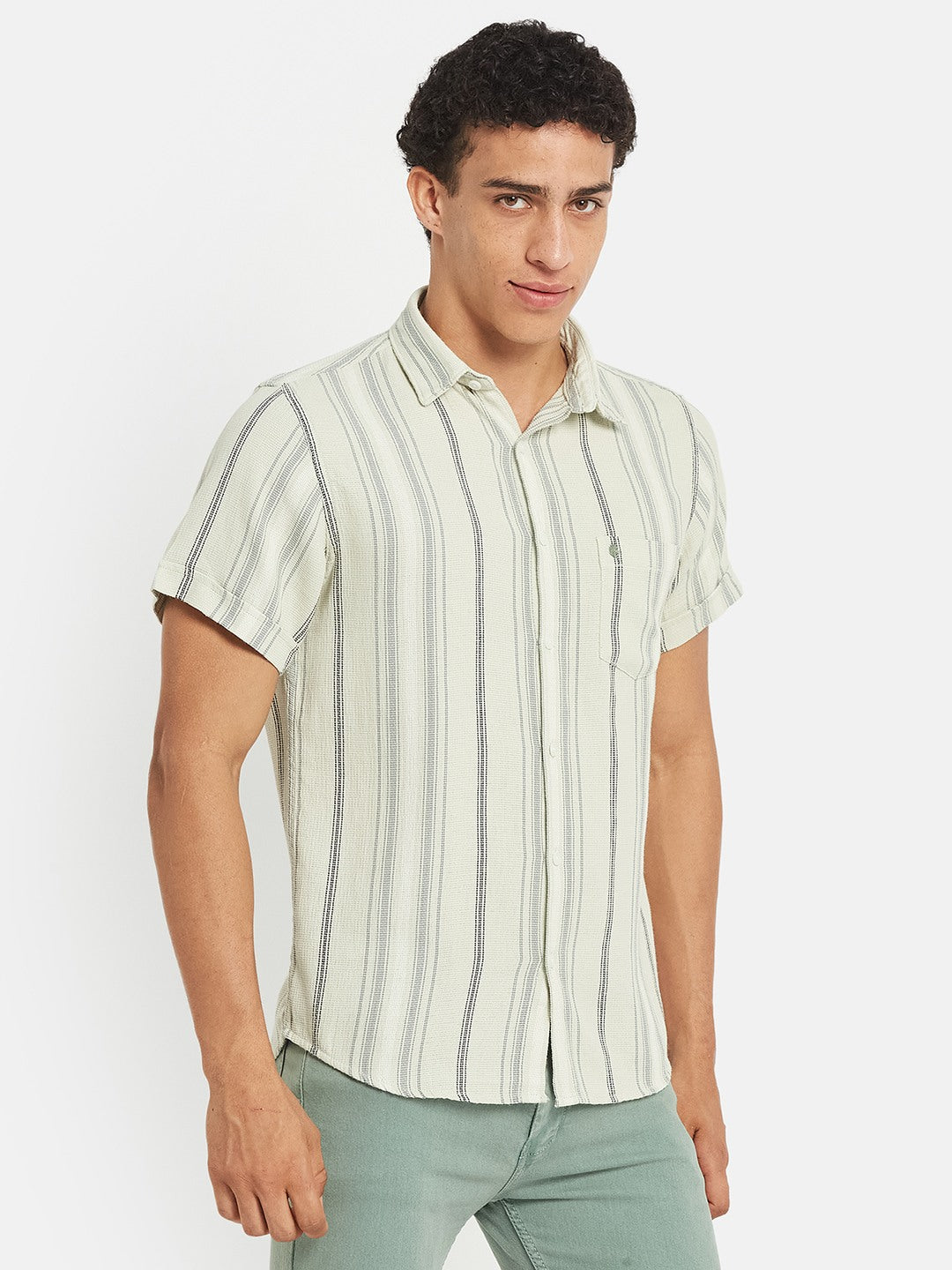 METTLE SS25 Striped Cotton Spread Collar Casual Shirt